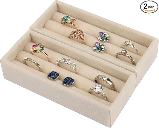 DesignSter Small Jewelry Tray, 2PCS Ring Organizer, Velvet Jewelry Display Tray, Stackable Jewelry Organizer Trays, Jewelry Drawer Organizer Inserts For Dresser, Jewelry Box (Beige)