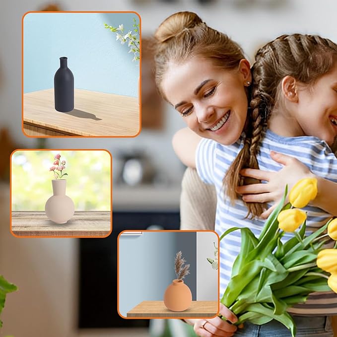 Ceramic Vase Set of 3, Rustic Modern Brown Vases for Bouquet, Fresh or Dried Plants, Home Decor-Modern Decorative Ceramic Flowers Vase for Rustic Home Decor (White-Dark)