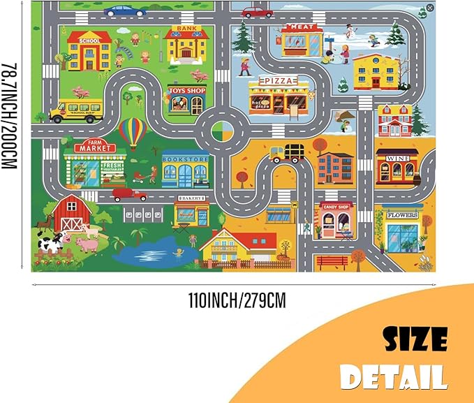 Car Rugs for Kids Toy Cars,Kids Play Rug with Non-Silp Backing, City Road Carpet for Playroom Bedroom Boys, Car Track Map Playmat - 9'2" x 6'7" (Rectangular)