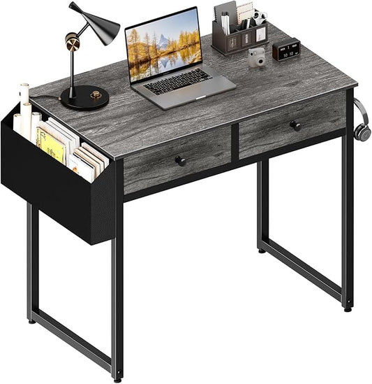Lufeiya Small Desk with Drawers - for Bedroom, 32 Inch Home Office Computer Desk with Fabric Storage Drawer and Bag, Study Writing Table for Small Spaces, Gray