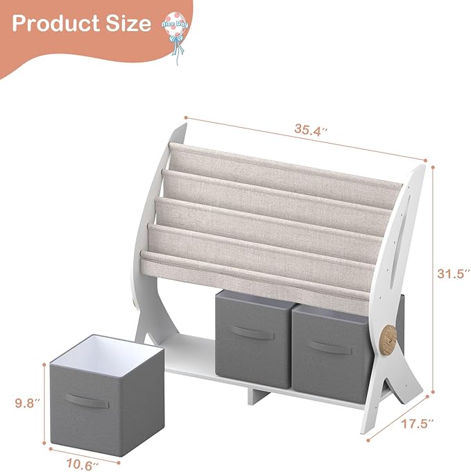 Kids Bookshelf Small 4 Sling Wood Book Rack Kids Room Bookcase Display Stand with 3 Toy Storage Organizer Cube Bins Children Toddler Baby Gift Boys Girls Bedroom Playroom Nursery
