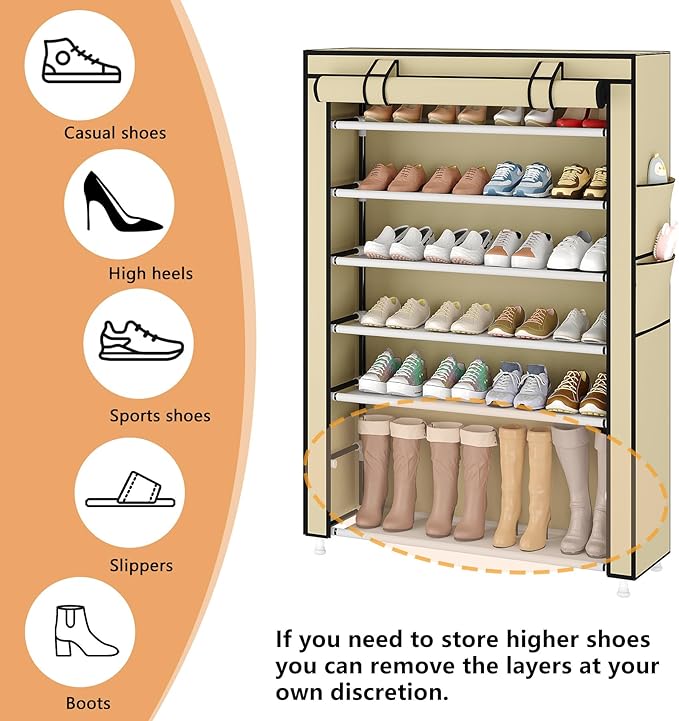 Laiensia 7-Tier Vertical Shoe Rack Organizer, Space Saving Shoe Storage Organizer, Non-Woven Cover Shoe Shelf Holds 28-35 Pairs for Bedroom, Hallway, Closet Entryway, Beige
