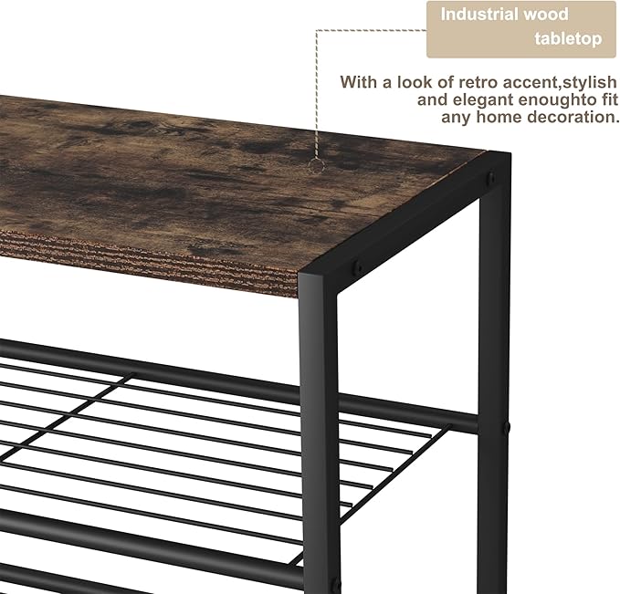 HOMEFORT 3-Tier Shoe Rack, Shoe Storage Shelf, Industrial Shoe Tower, Narrow Shoe Organizer for Closet Entryway, Small Shoe Rack Table with Durable Metal Shelves, Rustic Brown