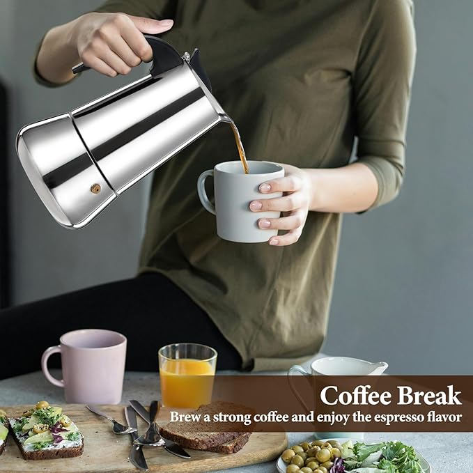 6 Cup Moka Pot Percolator Italian Coffee Maker 300ml Stovetop Espresso Mocha Stainless Steel Greca Coffee Maker Classic Cafe Makers Suitable for Induction Cookers Ceramic Stoves Tummy