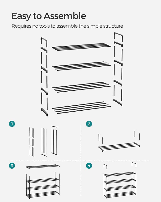 SONGMICS Shoe Rack, 4-Tier Shoe Organizer, Metal Storage Shelf, Upright or Upside Down, for 20-25 Pairs, Stackable, for Entryway, 11.8 x 36.2 x 29.5 Inches, Black ULSA14BK