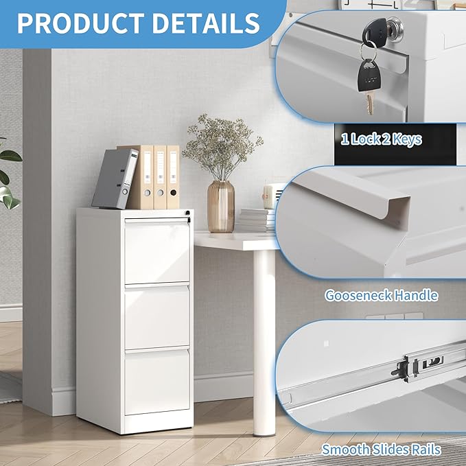 AQY 3 Drawer File Cabinet with Lock, White Metal Filing Cabinets for Home Office, 18" Deep Vertical Storage File Cabinets for Hanging A4/Letter/Legal Size Files, Assembly Require