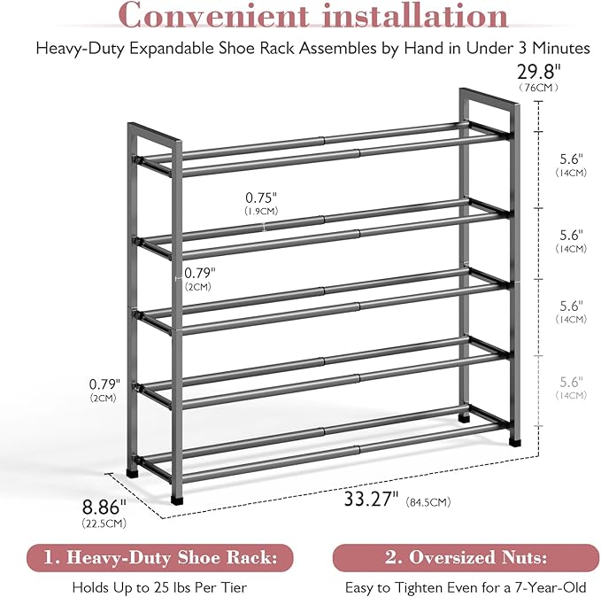 Bumusty 5-Tier Expandable Shoe Rack for Closet, 18“-33” Adjustable Shoe Rack for Small Space, Small Shoe Organizer for Front Door, Sturdy Metal (Grey)