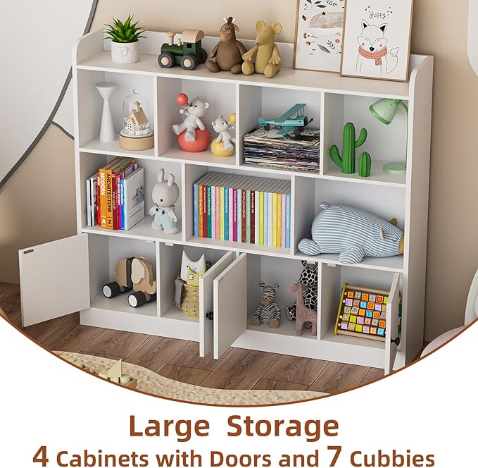 2 in 1 Large Toy Organizer and Storage, 4 Tier Kids Bookshelf with 11 Storage Cubbies, Wooden Storage Cabinet Daycare Furniture for School, Classroom, Playroom, Nursery, Kindergarten, White