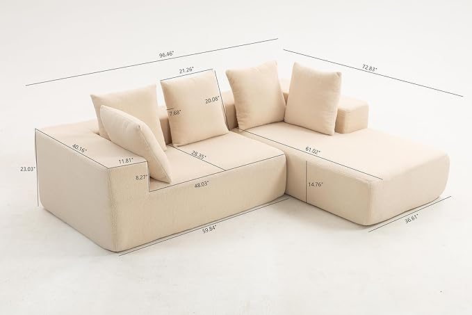 KEIKI L-Shape Cloud Sectional Sofa, 96” Modern Modular Boneless Couch with Left Chaise Lounge, Upholstered Couches for Living Room Bedroom, Beige