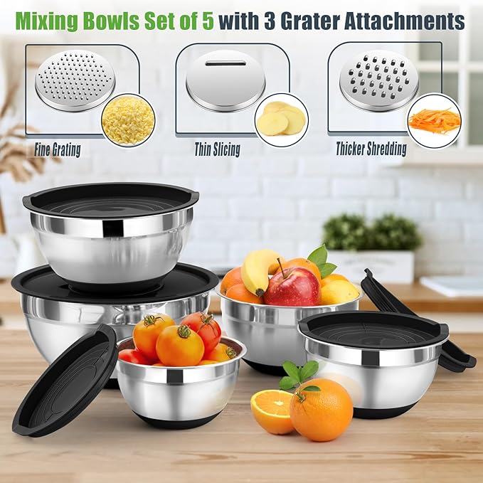 P&P CHEF Mixing Bowl with Lid Set, 5 Piece Stainless Steel Mixing Nesting Bowls for Salad Storage, 3 Grater Attachments & Non-Slip Bottoms, Size 1/1.5/2 / 2.6/4.6 QT, Black