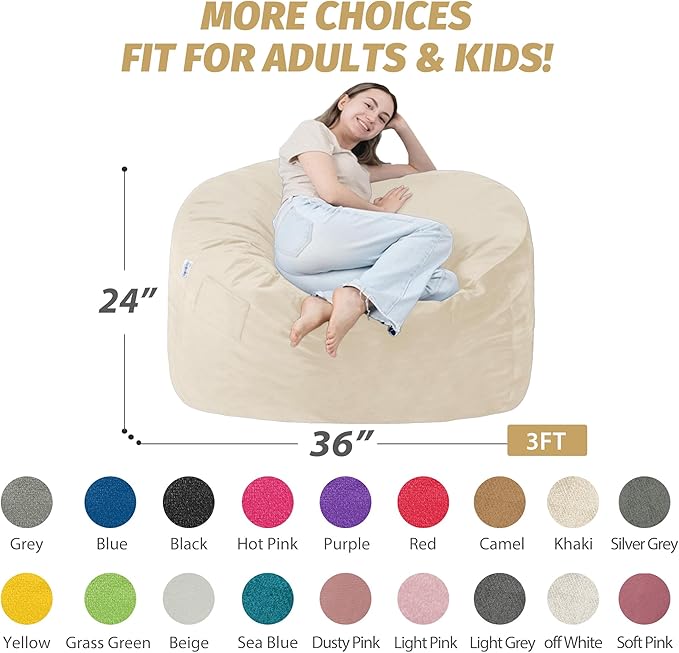 3FT Bean Bag Chair with Ultra Soft Velvet Cover Bean Bag Sofa with Memory Foam Bean Bag Chairs with Large Size Lazy Sofa for Dorm Office Living Room Bedroom Khaki 3'