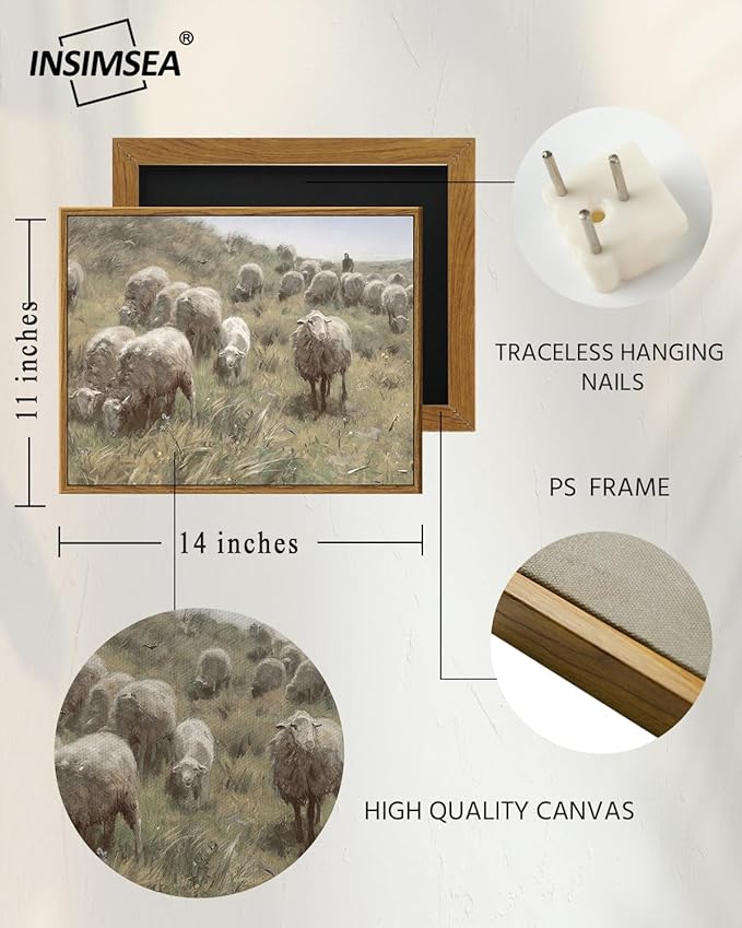InSimSea Framed Canvas Wall Art Vintage Decor, Landscape Wall Art Prints, Sheep Grazing amidst the Hills Canvas Art Wall Decoration, Vintage Art Farmhouse Bedroom, 11"x14"