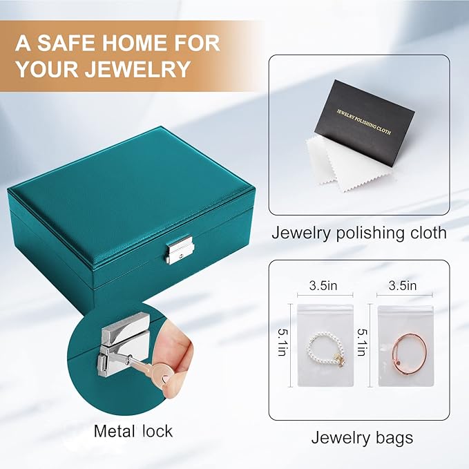 Jewelry Organizer Box Leather Jewelry Box for Girls Womens Earring Organizer with Lock Double Layers Jewelry Case Removable Tray for Necklace Earring Ring with Polishing Cloth and Jewelry Bags
