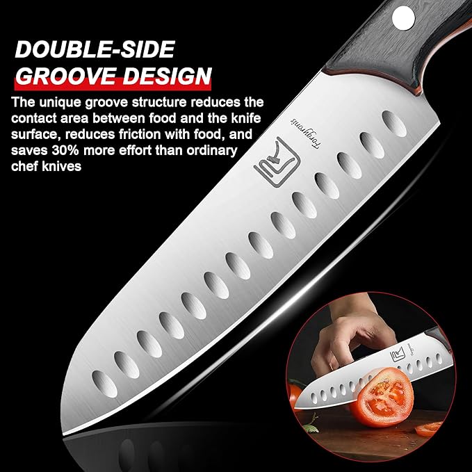 Santoku Chef Knife, 7 Inch Kitchen Knife, Ergonomic Non Slip Thumb Grip,Ultra Sharp Cutting Knife, Forged From Japanese Steel, Professional Cooking Knife For Cutting Meat And Vegetables.