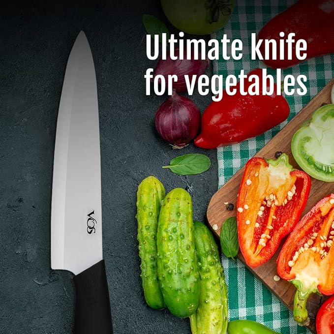 Vos Ceramic Chef Knife 8 Inch with Protection Cover – Large Ceramic Kitchen Knife for Slicing, Dicing, and Fruits – Lightweight Zirconia Blade – Luxury Gift Packaging – Ultra Sharp Chefs Knife (Black)