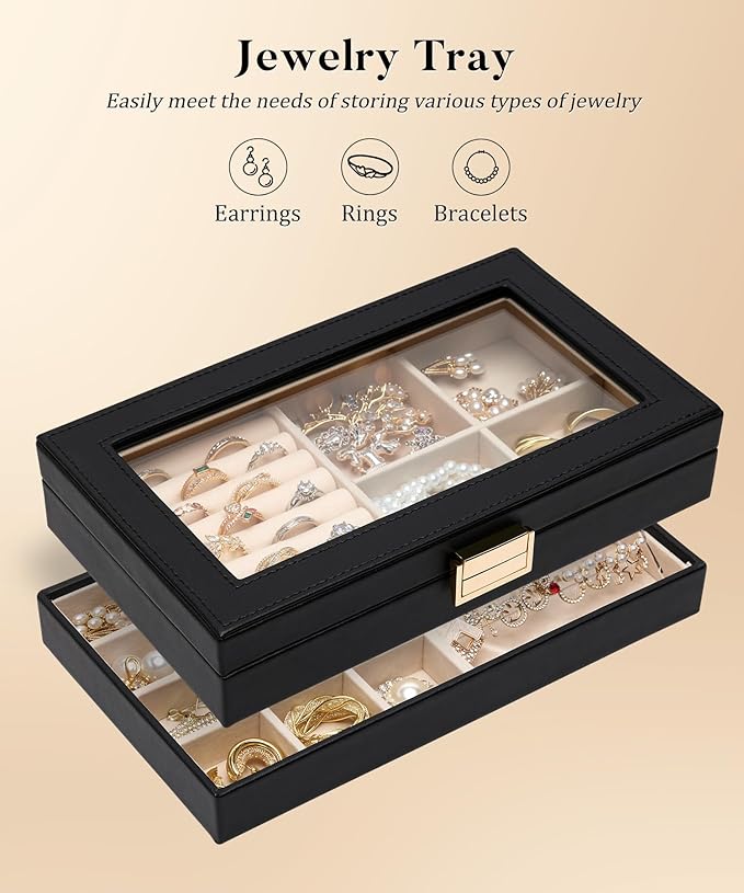 Homde Jewelry Tray Stackable Jewelry Box with Glass Lid, Removable Dividers for Vanity Table Gift Idea for Girls and Women (Black)