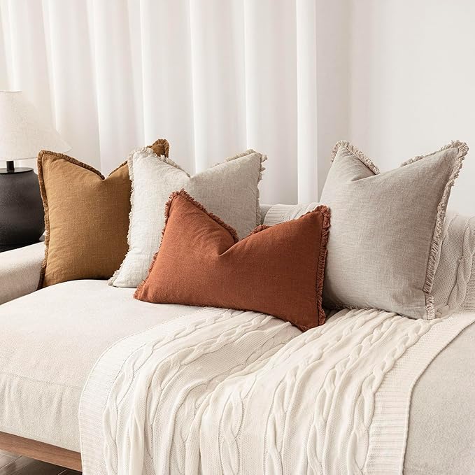 Foindtower Set of 2 Decorative Linen Fringe Throw Pillow Covers Cozy Boho Farmhouse Cushion Cover with Tassels Soft Accent Pillowcase for Couch Sofa Bed Living Room Home Decor,16×16 Inch,Orange Brown