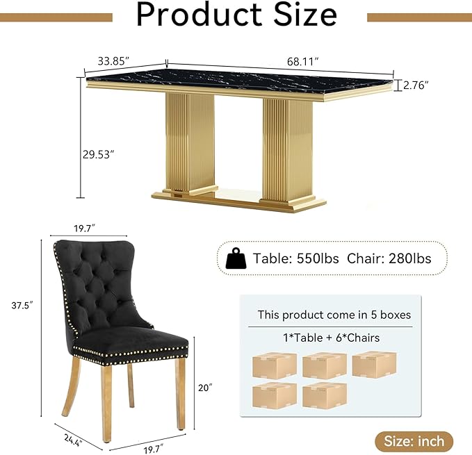 68" Faux Marble Dining Table Set for 6, 7-Piece Dining Set with Black Gold Kitchen Table and 6 Velvet Tufted Chairs, Modern Rectangular Dining Room Tables with Column-Shape Stainless Steel Base