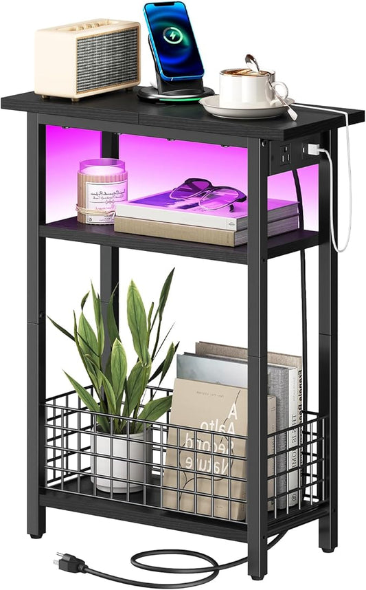HOOBRO Narrow Side Table with Charging Station and LED Light, Small End Table with Storage, Skinny Nightstand with USB Port, Slim Bedside Table for Small Spaces, Living Room, Black BB242UDBZ01