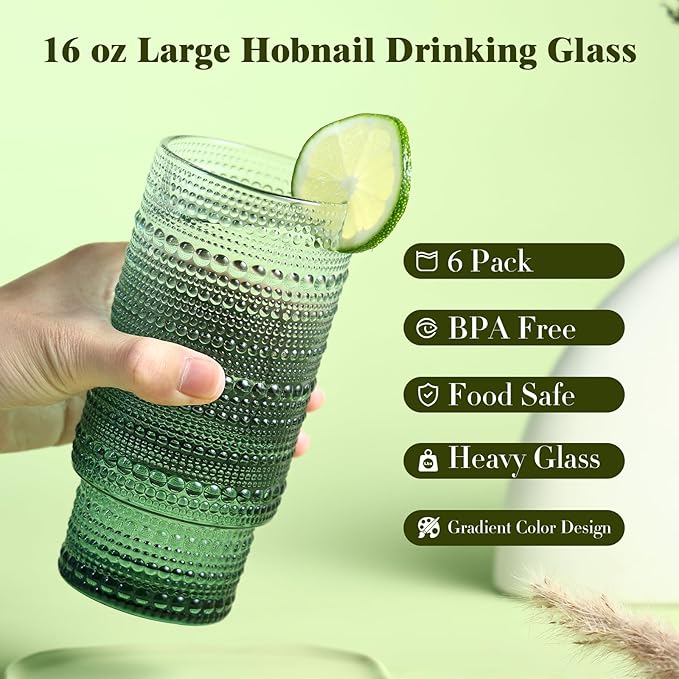 6pcs Hobnail Drinking Glasses Set, 16 oz Vintage Glassware Drinking Glasses, Gradual Dark Green Water Glasses Tumbler, Cups for Kitchen, Juice, Beer, Cocktail, Whiskey