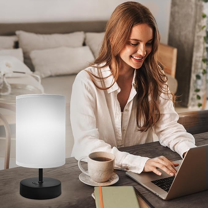 Small Bedside Lamp - Minimalist Table Lamp with Round Gray Fabric Shade - 9 Inch Desk Reading Lamp for Bedroom, Dorm, Living Room, Office - 1 Pack