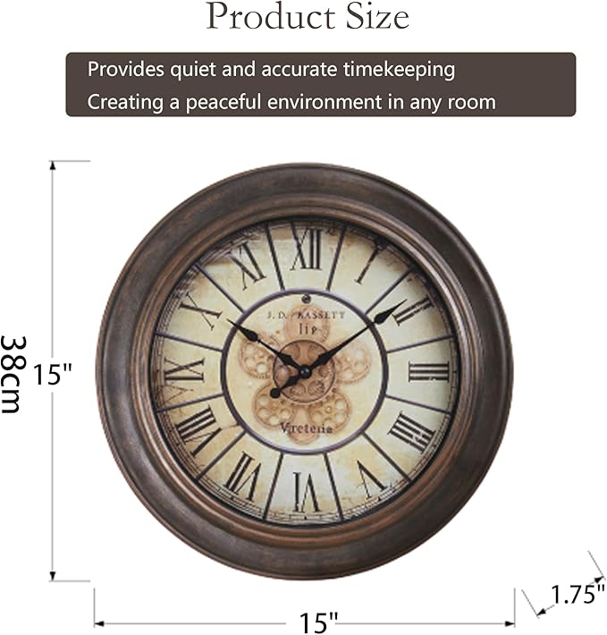 15 Inch Vintage Wall Clock, Silent Non-Ticking Quartz Battery Operated Decorative Clock for Home, Kitchen, Living Room, Dining Room, Office, Aged Bronze Roman Numerals