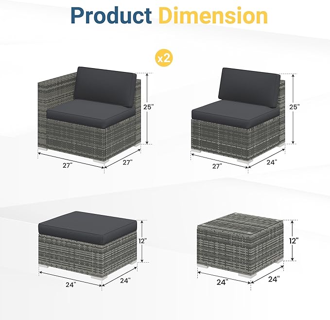 Wisteria Lane 5-Pieces Outdoor Patio Furniture Set, All Weather Wicker Rattan Sectional Sofa Conversation Set with Cushions & Glass Coffee Table for Backyard Porch Garden Balcony, Grey