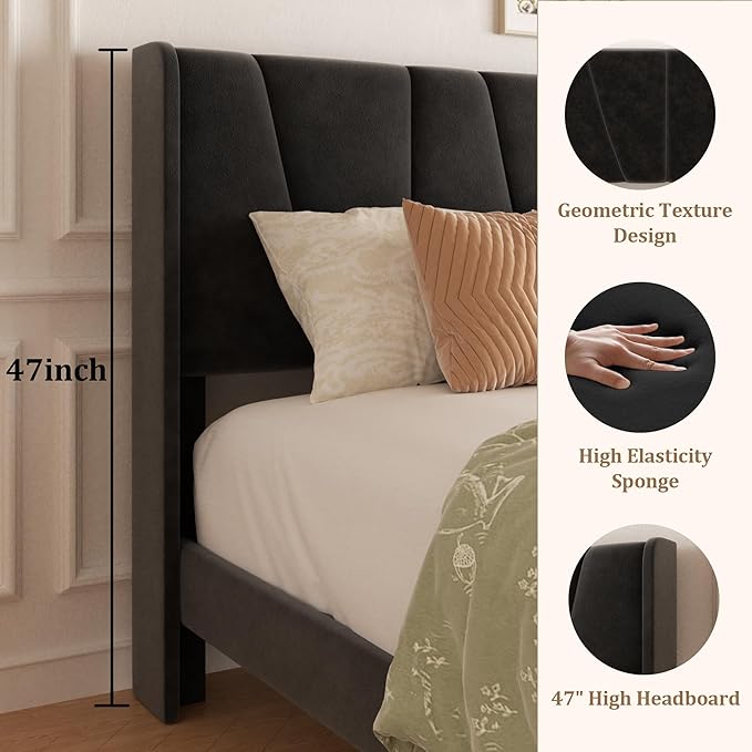 Full Bed Frame with Storage Drawers, Upholstered Full Size Platform Bed with 47" Tall Headboard and Wingboard, No Box Spring Needed, Noise Free, Easy Assembly, Wooden Support Slats, Black