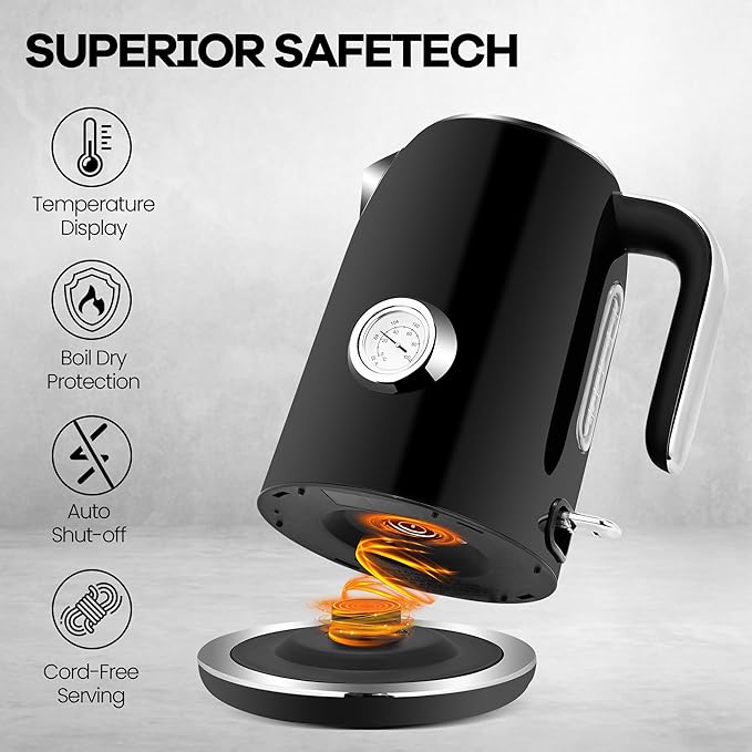 PUKOMC Electric Kettle, 1.7L Stainless Steel Tea Kettle with Temperature Gauge, 1500W Water Boiler with LED Light, BPA-Free, Auto Shut-Off and Boil-Dry Protection (Black)