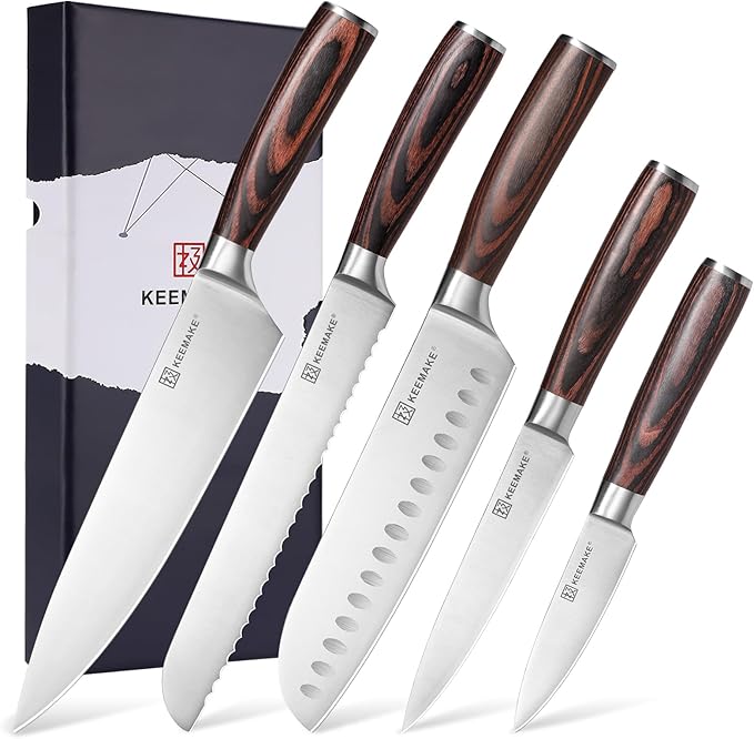 KEEMAKE Kitchen Knife Set of 5 - Kitchen Knives 1.4116 High Carbon Stainless Steel Blade, Professional Chef Knife Set, Razor Sharp Knives with Ergonomic Pakkawood Handle for Home Cooking