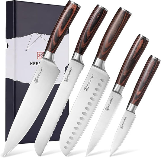 KEEMAKE Kitchen Knife Set of 5 - Kitchen Knives 1.4116 High Carbon Stainless Steel Blade, Professional Chef Knife Set, Razor Sharp Knives with Ergonomic Pakkawood Handle for Home Cooking