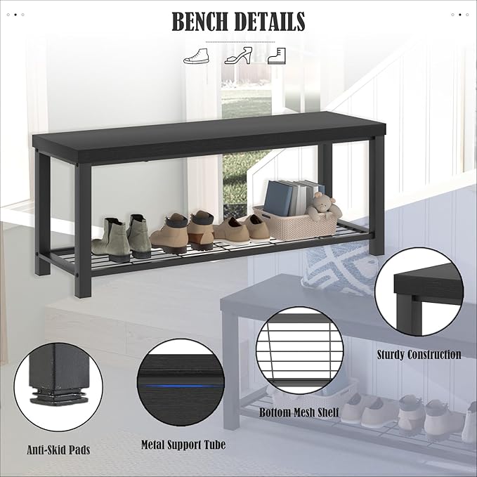 EXCEFUR Entryway Bench, Modern Wood and Metal Storage Bench for Hallway Front Door Entrance, Industrial Indoor Shoe Rack Bench Seat for Bedroom Living Room, 43.3 Inch Black