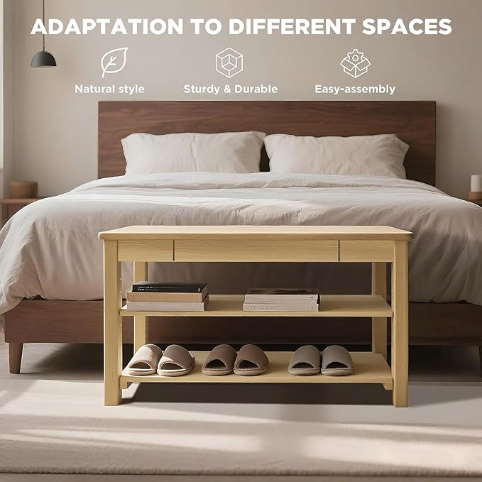 Wood Shoe Bench Entryway with Drawer: 2-Tiers Wooden Storage Shoe Rack with Bench Seat, Compact Mid-Century Modern Design for Entryway, Hallway, Closet, Front Door Entrance, Foyer