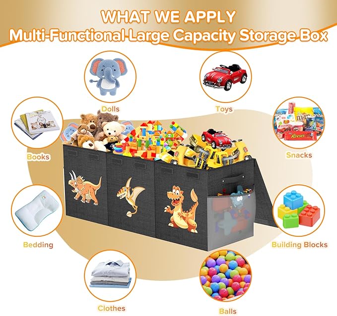 Extra Large Toy Box Chest, Collapsible Sturdy Toy Storage Organizer Boxes Bins Baskets Dinosaur Kids Toy Chest Bin with Lids for Boys Girls Living Room Playroom Bedroom Nursery 41"x14"x16" Black