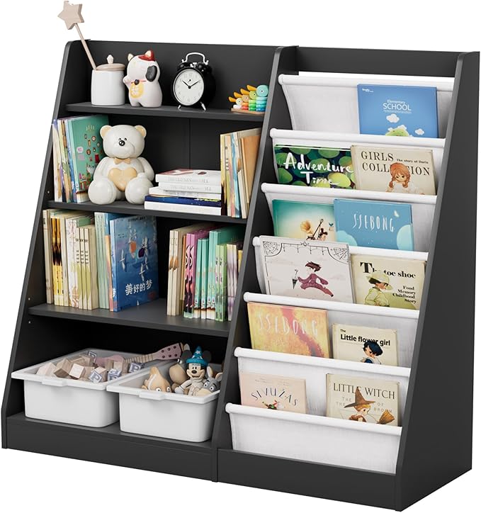 Black Kids Bookshelf Wood Toy Storage Organizer Cabinet Children Bookcase Toddler Baby Sling Book Rack Adjustable Shelf for Playroom Bedroom Nursery Hallway School Kindergarten