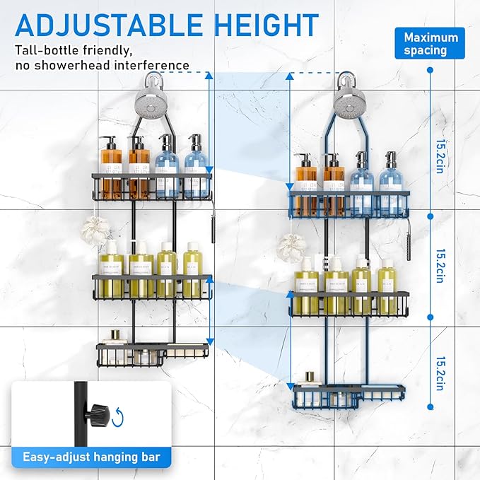 Shower Caddy Hanging,Triple Adjustable Shower Organizer,Extended Length shower rack with Soap Holder,Black