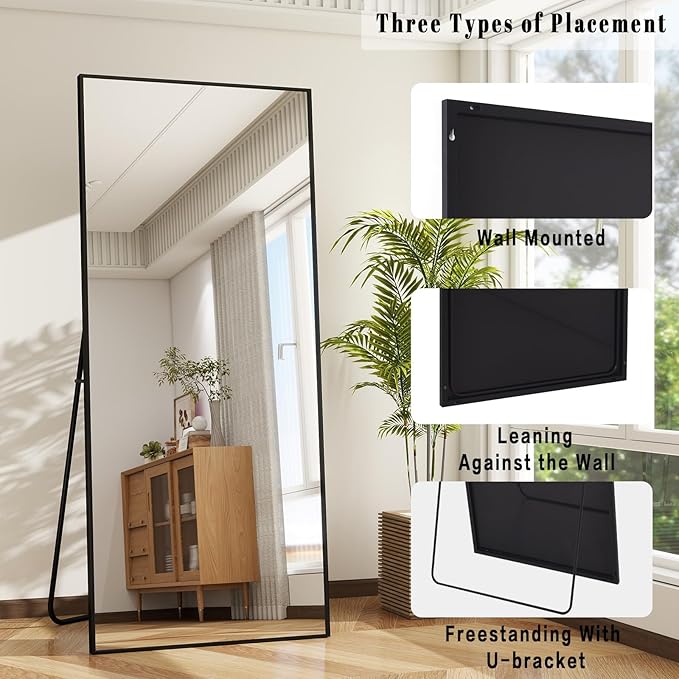 BEAUTYPEAK Full Length Mirror with Stand, 65"x24" Floor Mirror with Aluminum Alloy Thin Frame, ShatterVue Tempered Full Body Mirrors, Free Standing or Wall-Mounted Mirrors for Living Room, Black
