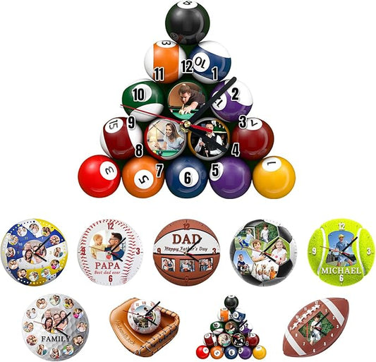 Custom Wall Clock, Personalized Clocks with Picture, Customized Silent Sports Ball Clock for Living Room Kids Bedroom, Creative Birthday Billiards Style