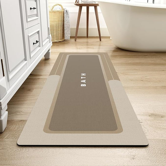 MontVoo-Bath Mat Rug Long Non Slip Super Absorbent Bathroom Runner Stain Resistant Quick Dry Thin Bathroom Mat Fit Under Door-17"x59",Beige