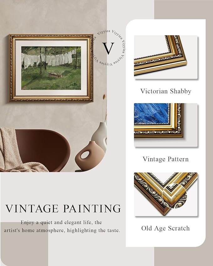 VIYYIEA Gold Framed Canvas Wall Art for Living Room,Vintage Laundry Room Art Print, Antique Oil Painting, Country Landscape Vintage Wall Art Canvas,For Living Room, Bedroom, Office,Gallery - 13x16in