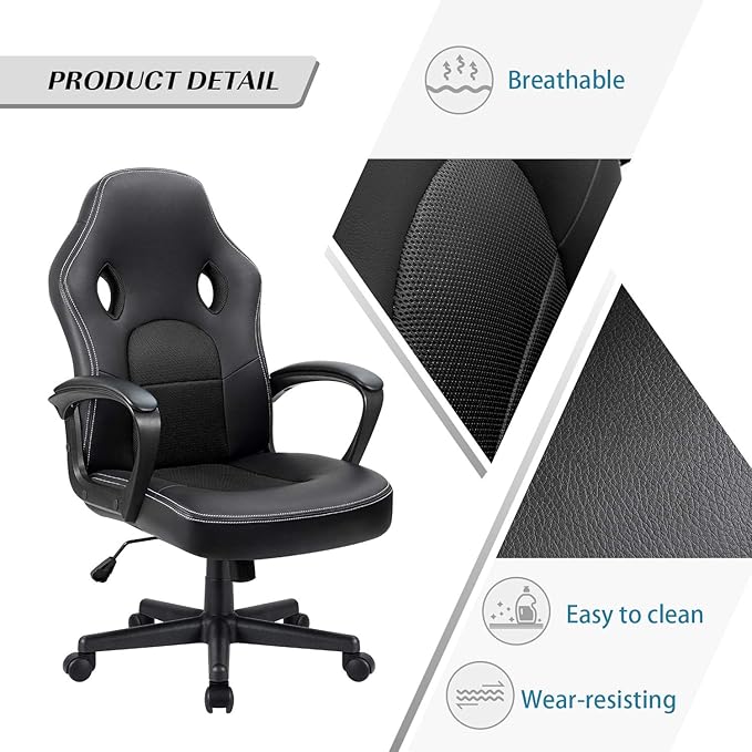 Furmax Gaming Chair Office Chair Leather Computer Desk Chair Racing Style Ergonomic Adjustable Swivel Task Chair with Lumbar Support and Arms (Black)