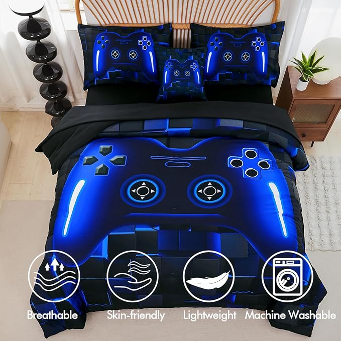PERFEMET 6 Pieces Gamer Comforter Sets Kids Queen Size Blue Gamer Comforter Bed in A Bag for Boys Teen 3D Cool Video Gaming Black Bedding Set(Blue, Queen)