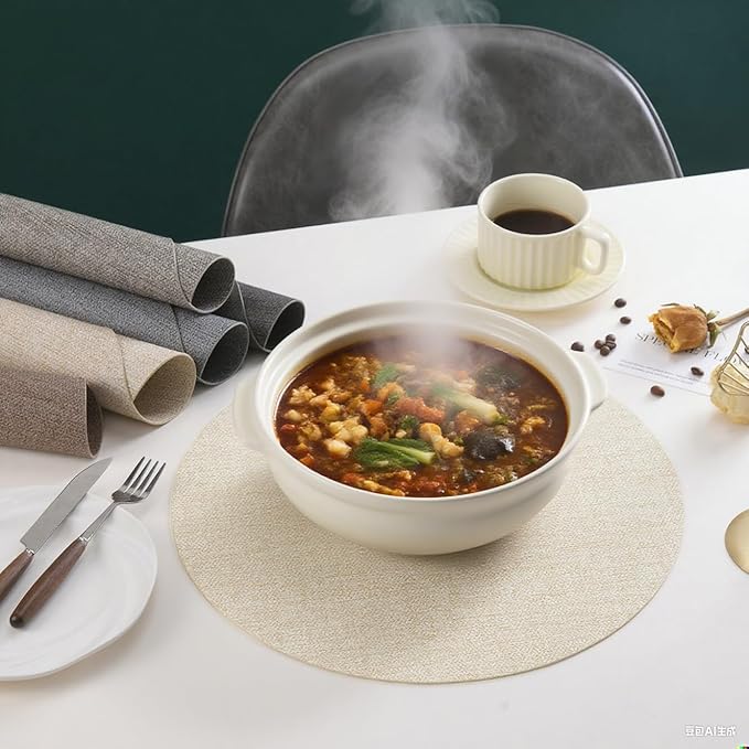 Round Placemats Set of 8, Reversible Faux Leather Waterproof and Heat Resistant Place Mats, Beige Oilproof Wipeable Washable Table Protective Placemats for Indoor & Outdoor