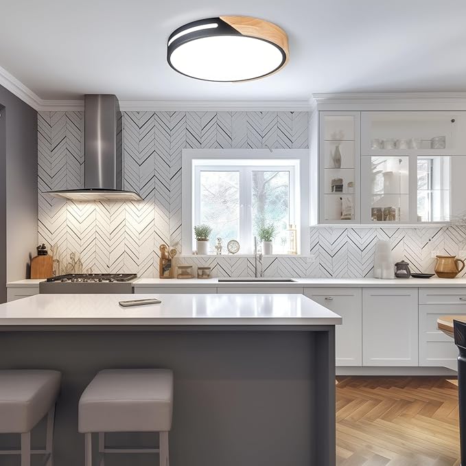 Black and Wood Flush Mount Ceiling Light Fixture Set of 2, Dimmable LED Ceiling Light Black, Modern Light Fixture Ceiling Mount for Bedroom, Living Room, Kitchen, Bathroom, Hallway