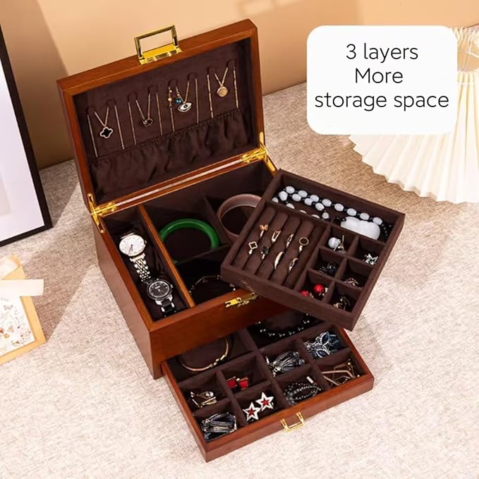 Bescott 3 Layer Solid Wooden Jewelry Box for Women Real Wood Vintage Jewelry Organizer Storage for Earrings Rings Necklaces Bracelet Watch Men