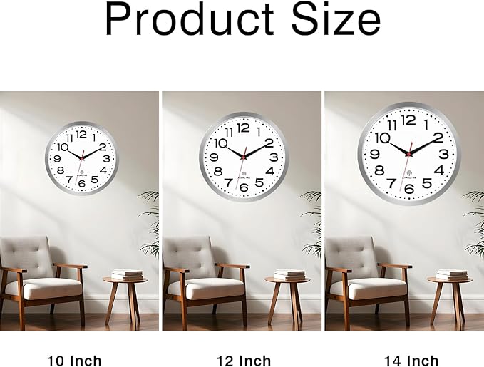 Atomic Wall Clock 14 Inch, Modern Clock Battery Operated Classic Analog Decorative for Kitchen, Living Room, Office, Bedroom, Bathroom (Silver)