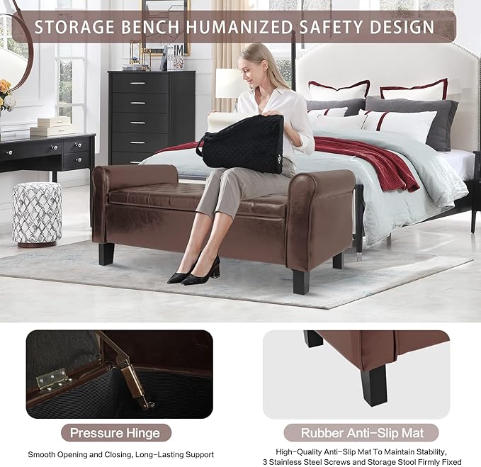 Storage Ottoman Bench with Arms, End of Bed Bench for Bedroom, Button Tufted for Entryway, Living Room,Hallway, Foot Rest (Brown)