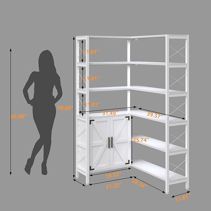 Corner Bookshelves 6 Tier, Farmhouse Wooden Bookcases for Corner, L Shaped Etagere Bookshelf with Storage for Living Room Home Office