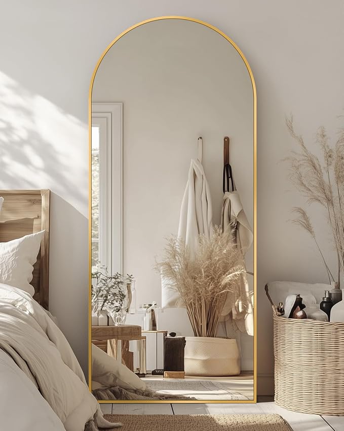Antok Full Length Mirror, 21"x58" Floor Mirror with Stand, Hanging Mounted Mirrors for Bedroom, Living Room, Cloakroom, Dining Room, Gold, Arched