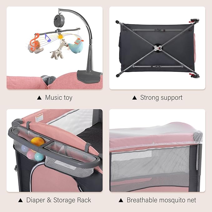5 in 1 Baby Crib,Baby Bassinet, Bedside Cribs, Pack and Play with Changing Table, Portable Travel bedToys & Music Box,Mattress for Girl Boy Infant Newborn (Pink)